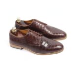 DANZIO Maroon Croco-Print Leather Derby Shoes For Men