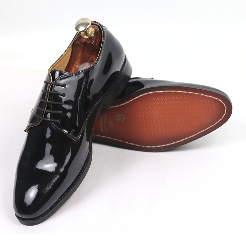 DANZIO Black Patent Leather Derby Shoes For Men