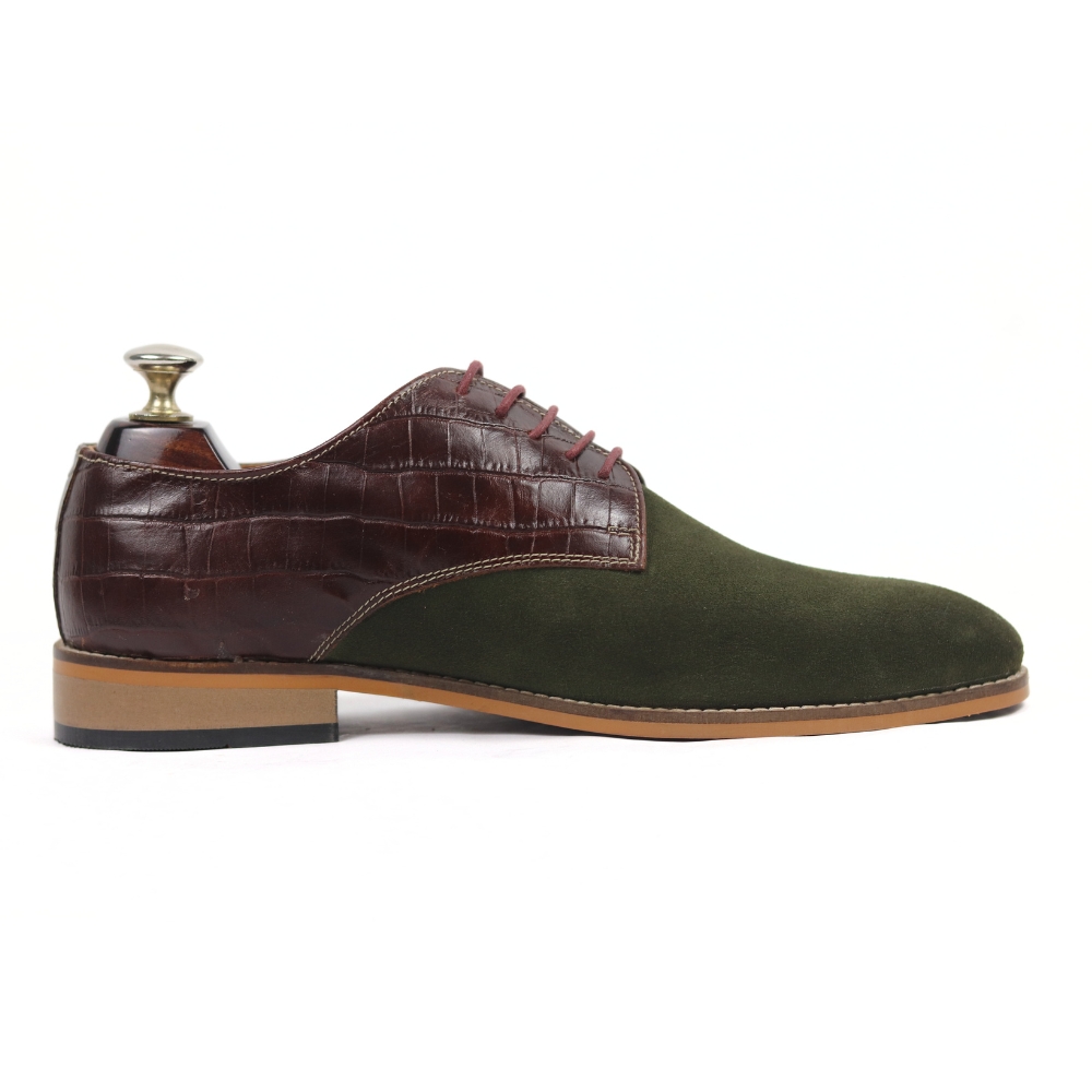 DANZIO Maroon Croco - Olive Green Suede Leather Derby Shoes For Men