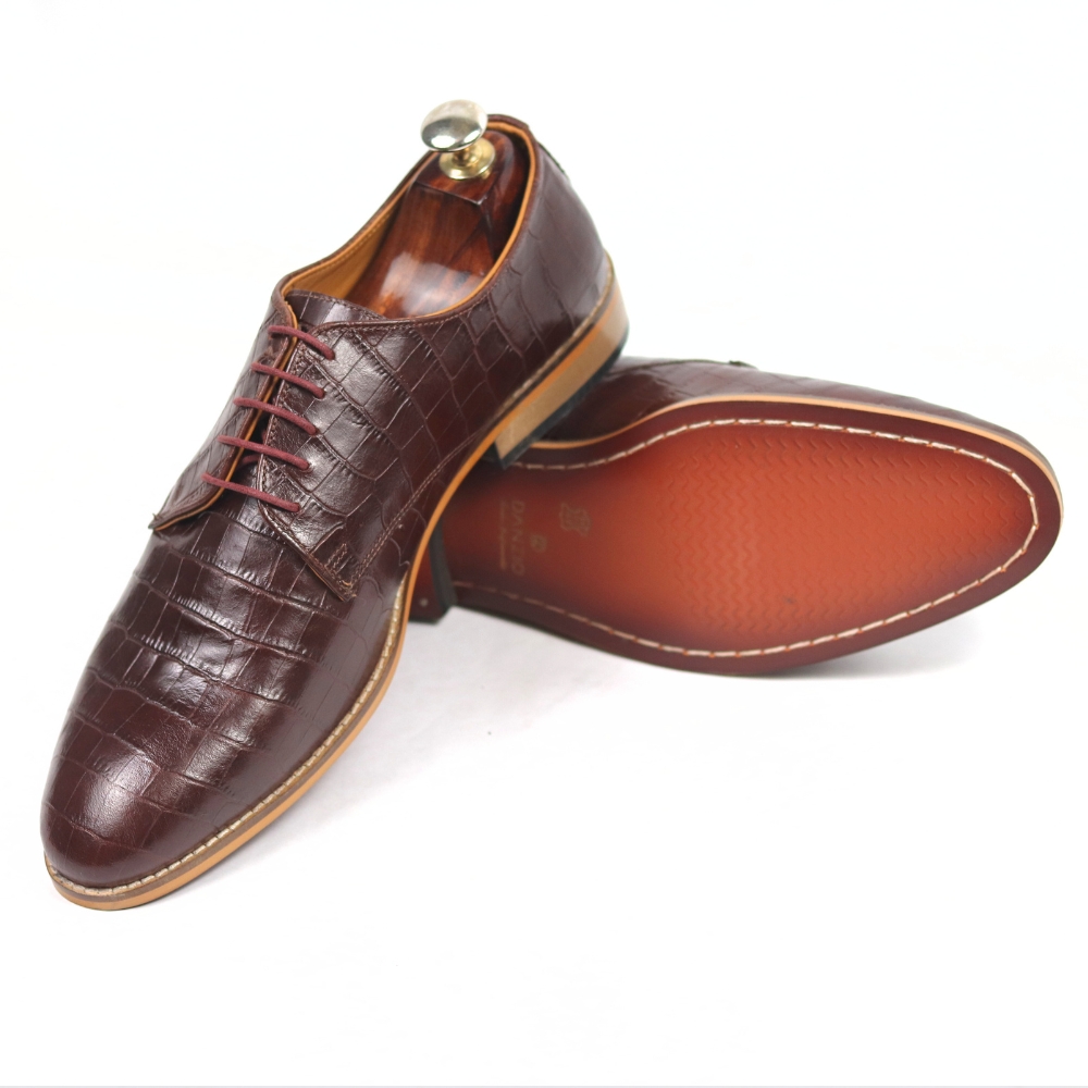 DANZIO Maroon Croco-Print Leather Derby Shoes For Men