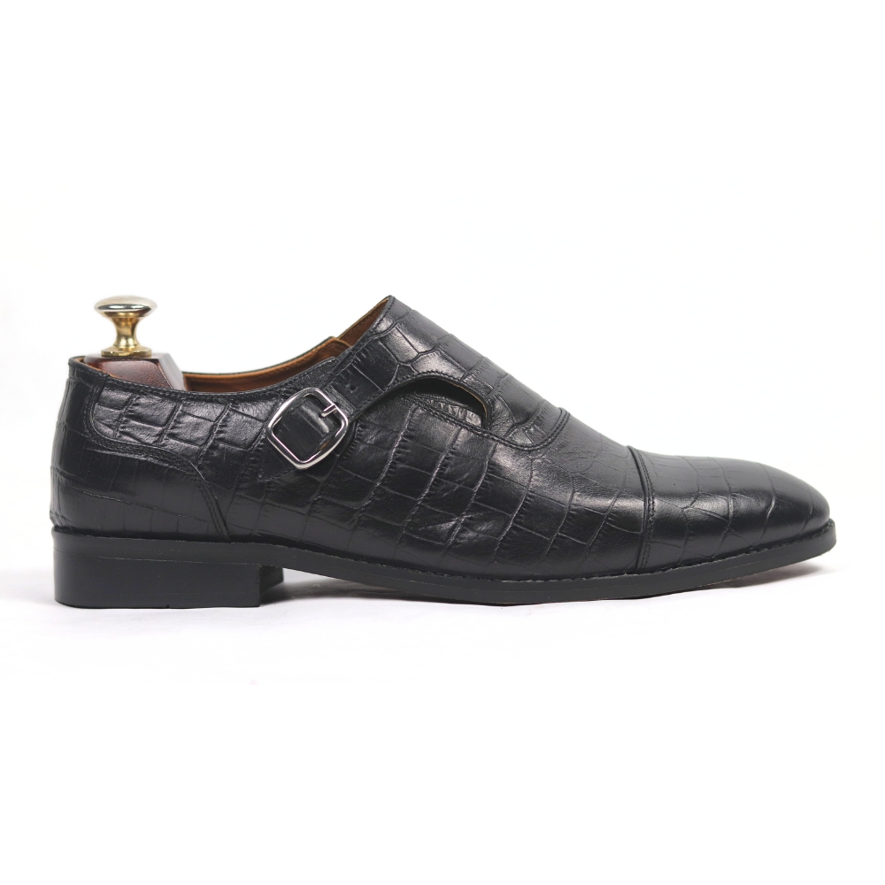 DANZIO Black Croco-Print Leather Monk Shoes