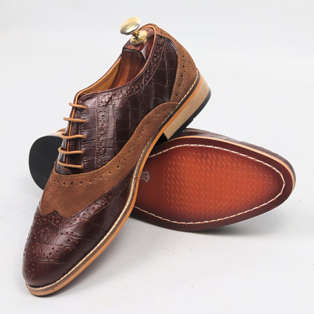 DANZIO Brown Croco-Suede Leather Brogue Oxford Shoes For Men