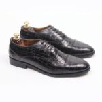 DANZIO Black Croco-Print Leather Oxford Shoes For Men