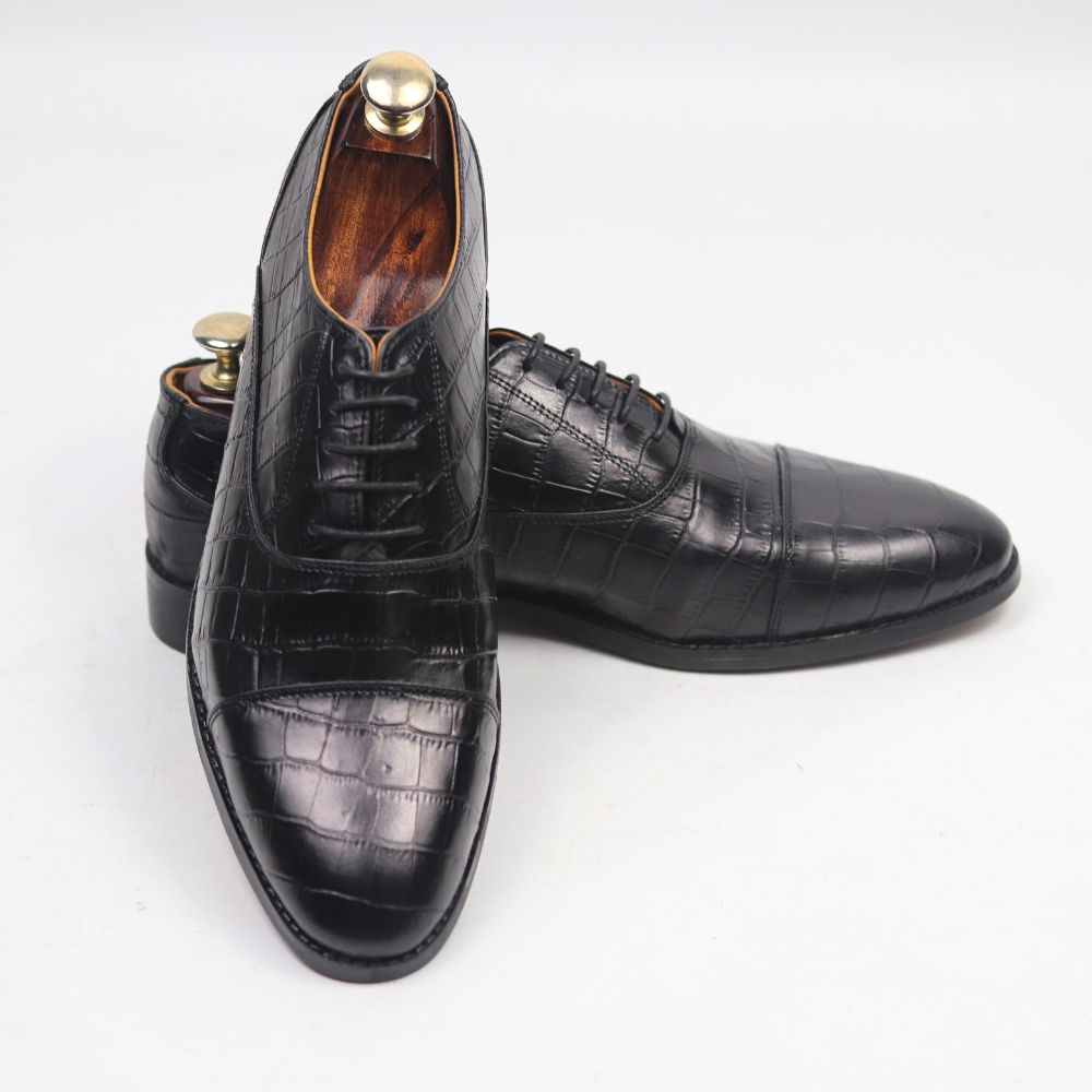 DANZIO Black Croco-Print Leather Oxford Shoes For Men