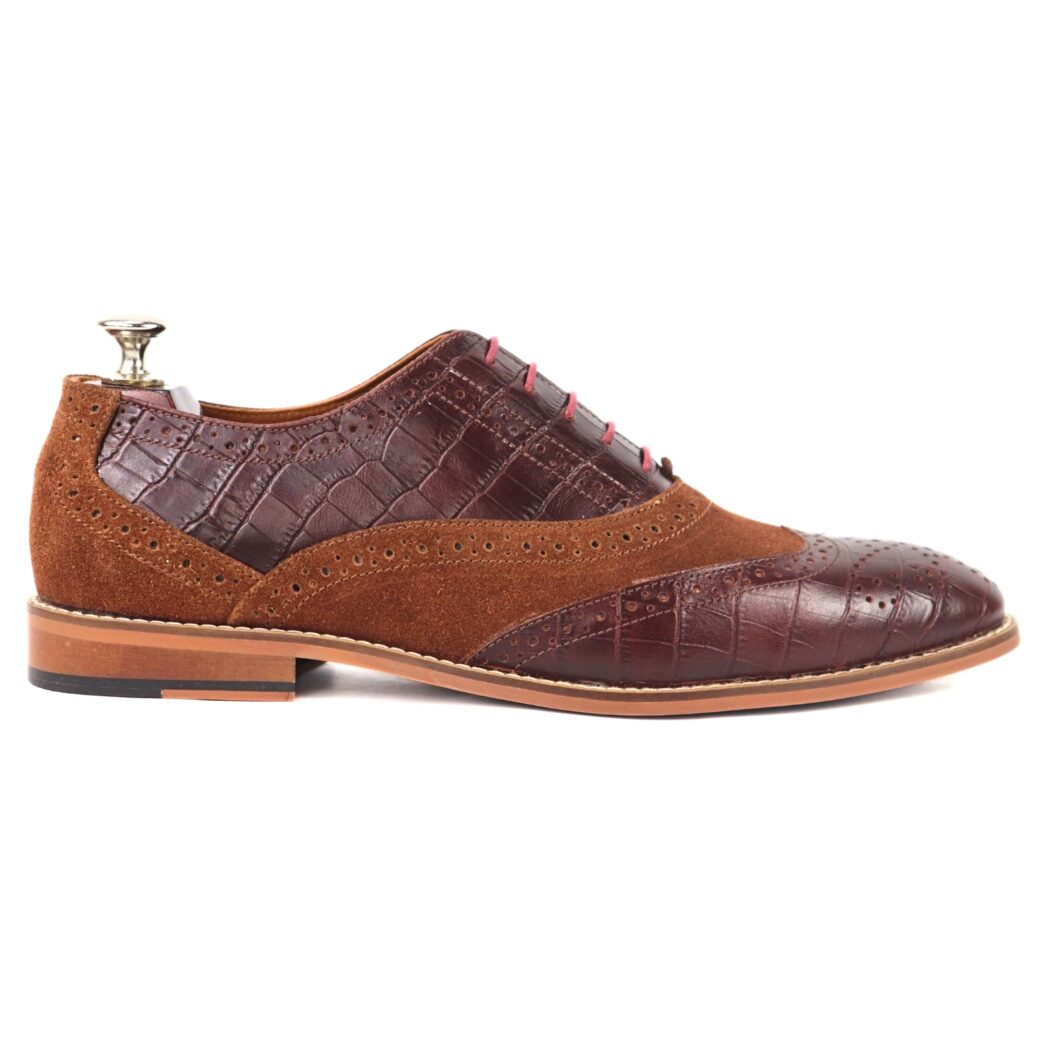 DANZIO Brown Croco-Suede Leather Brogue Oxford Shoes For Men