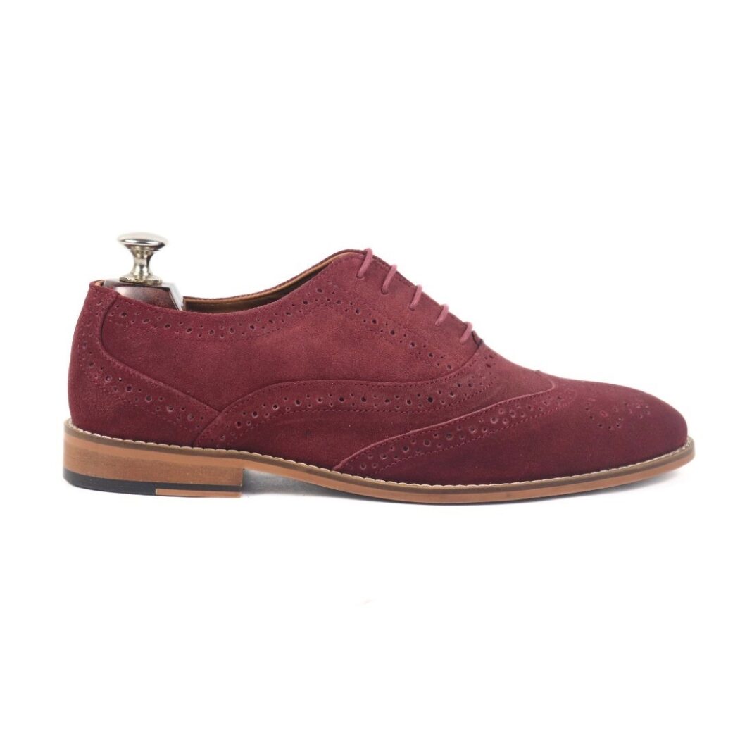 DANZIO Maroon Suede Leather Brogue Oxford Shoes For Men