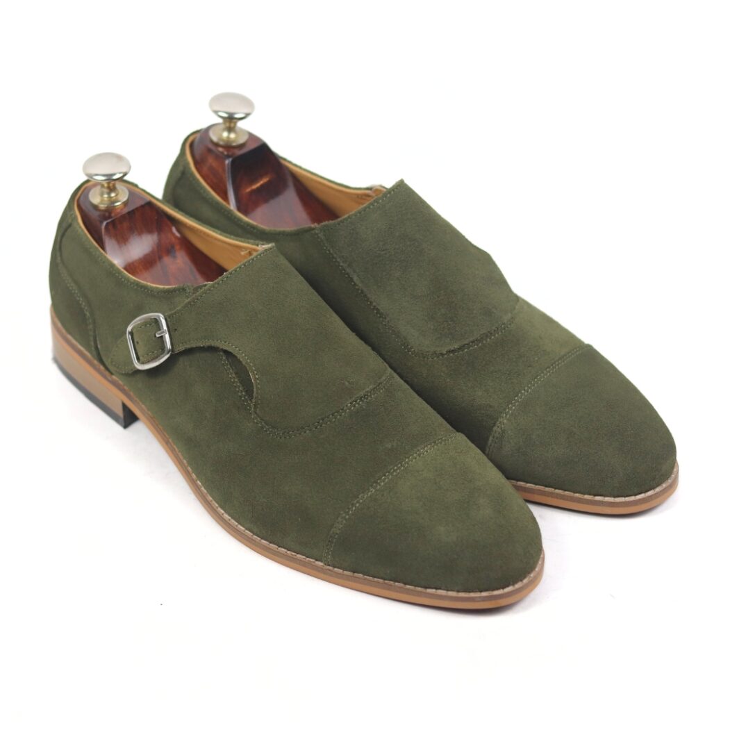 DANZIO Dark Olive-Green Suede Leather Monk Shoes For Men