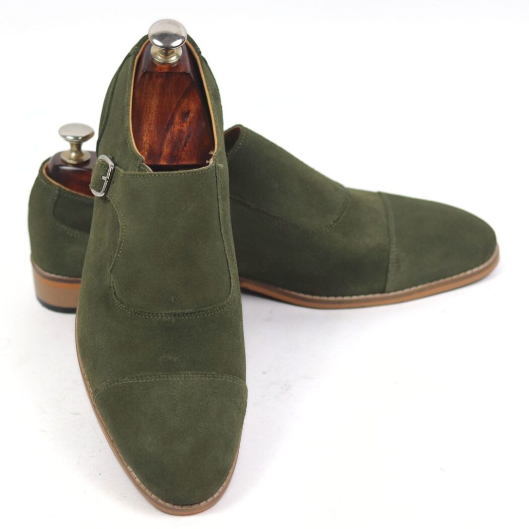 DANZIO Dark Olive-Green Suede Leather Monk Shoes For Men