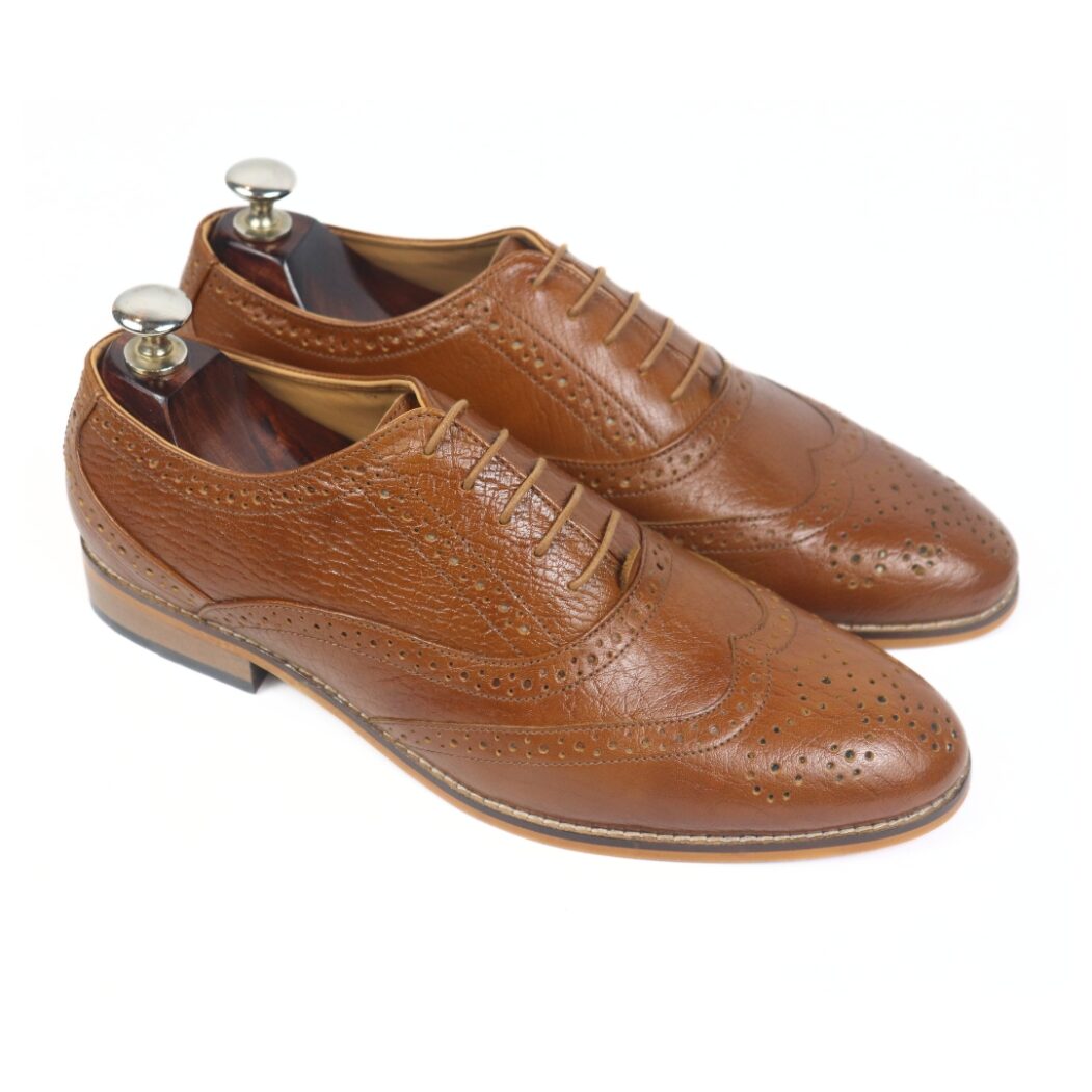 DANZIO Tan Vachetta Leather Brogue Oxford Shoes For Men