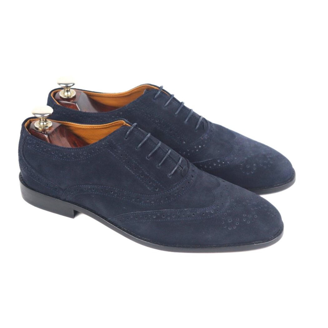 DANZIO Navy-Blue Suede Leather Brogue Oxford Shoes For Men