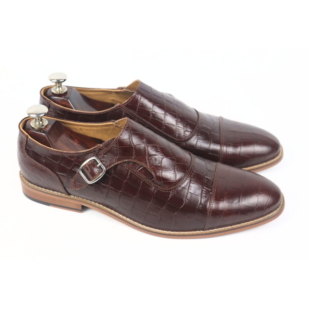 DANZIO Maroon Croco-Print Monk Shoes