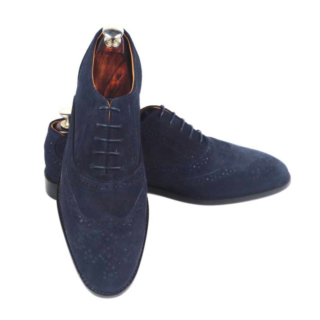 DANZIO Navy-Blue Suede Leather Brogue Oxford Shoes For Men