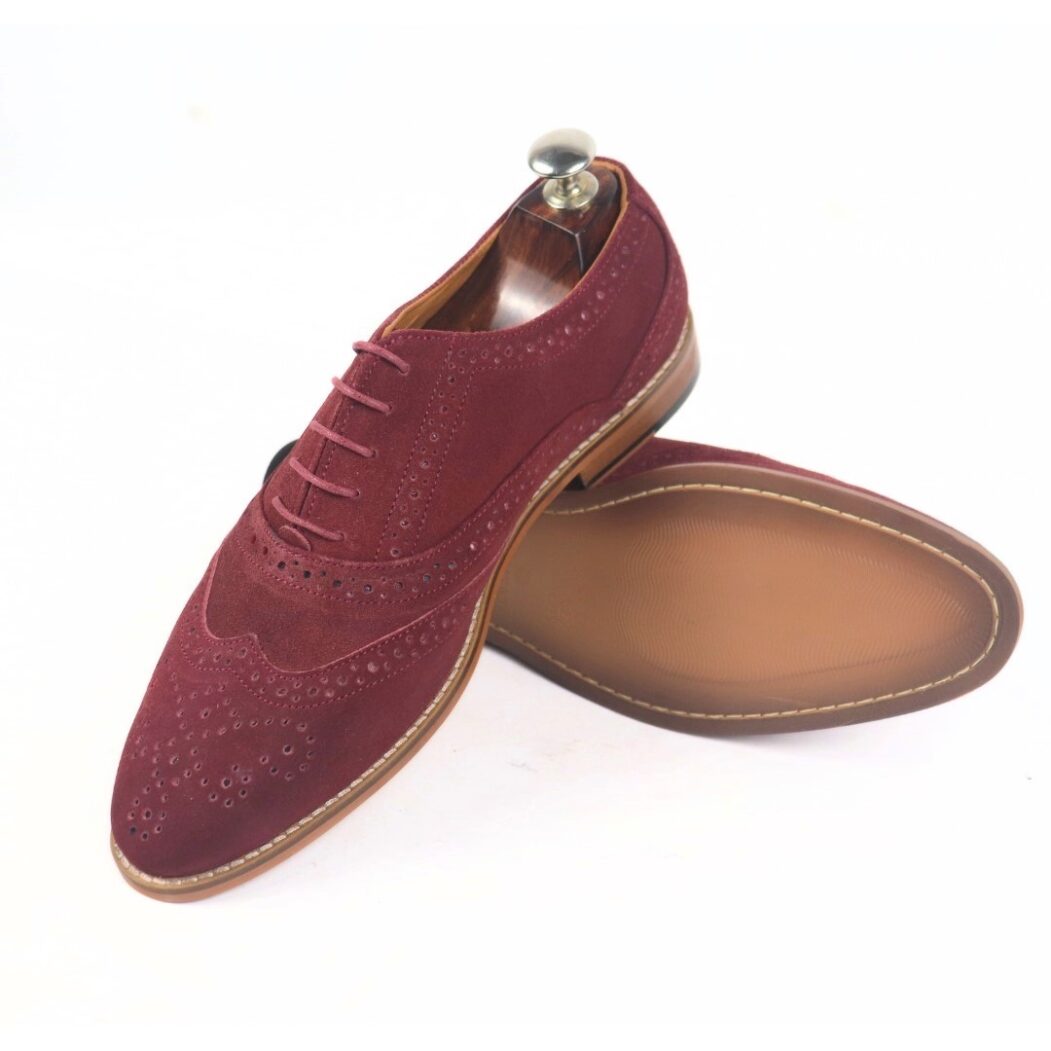 DANZIO Maroon Suede Leather Brogue Oxford Shoes For Men