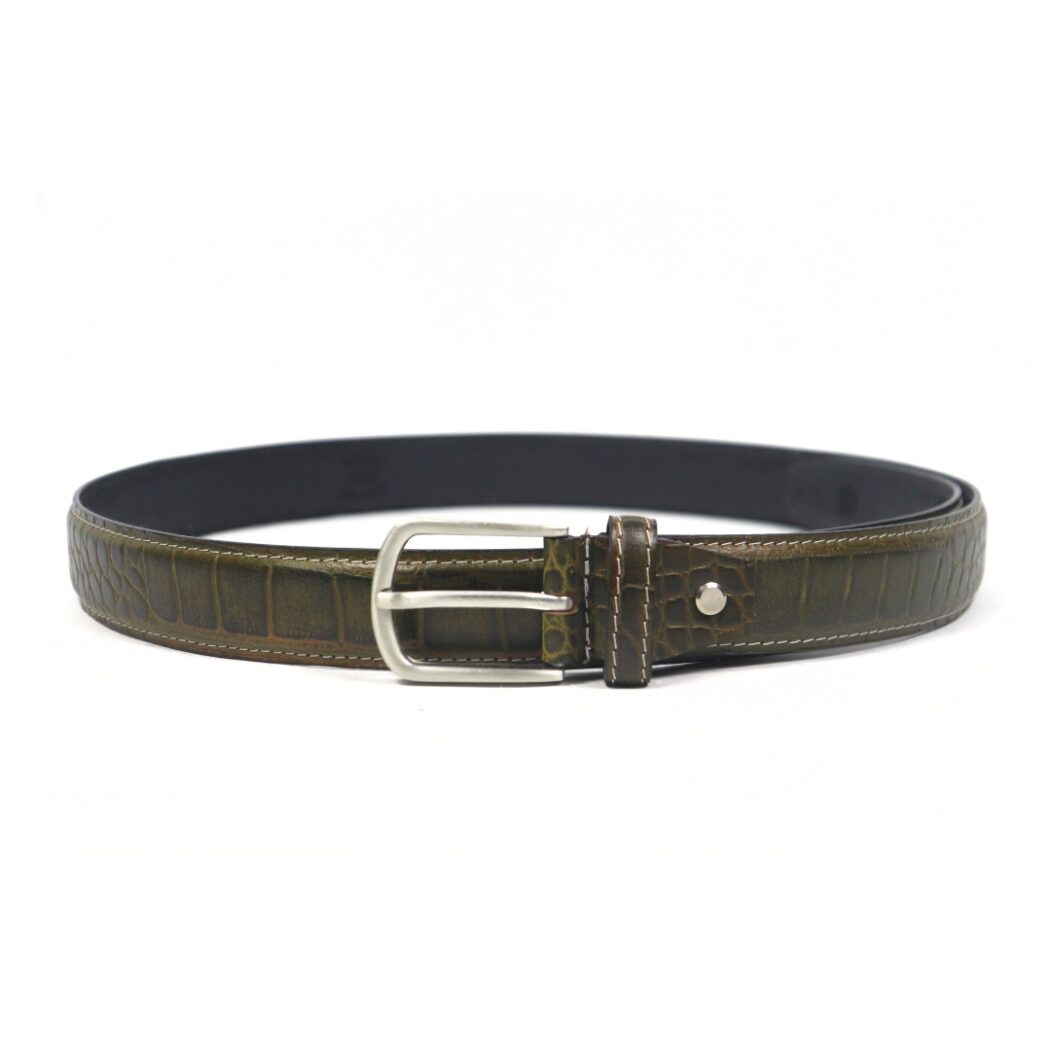 DANZIO Olive-Green Croco-Print Leather Belt