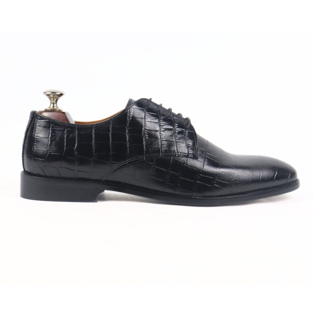 DANZIO Black Croco-Print Leather Derby Shoes For Men