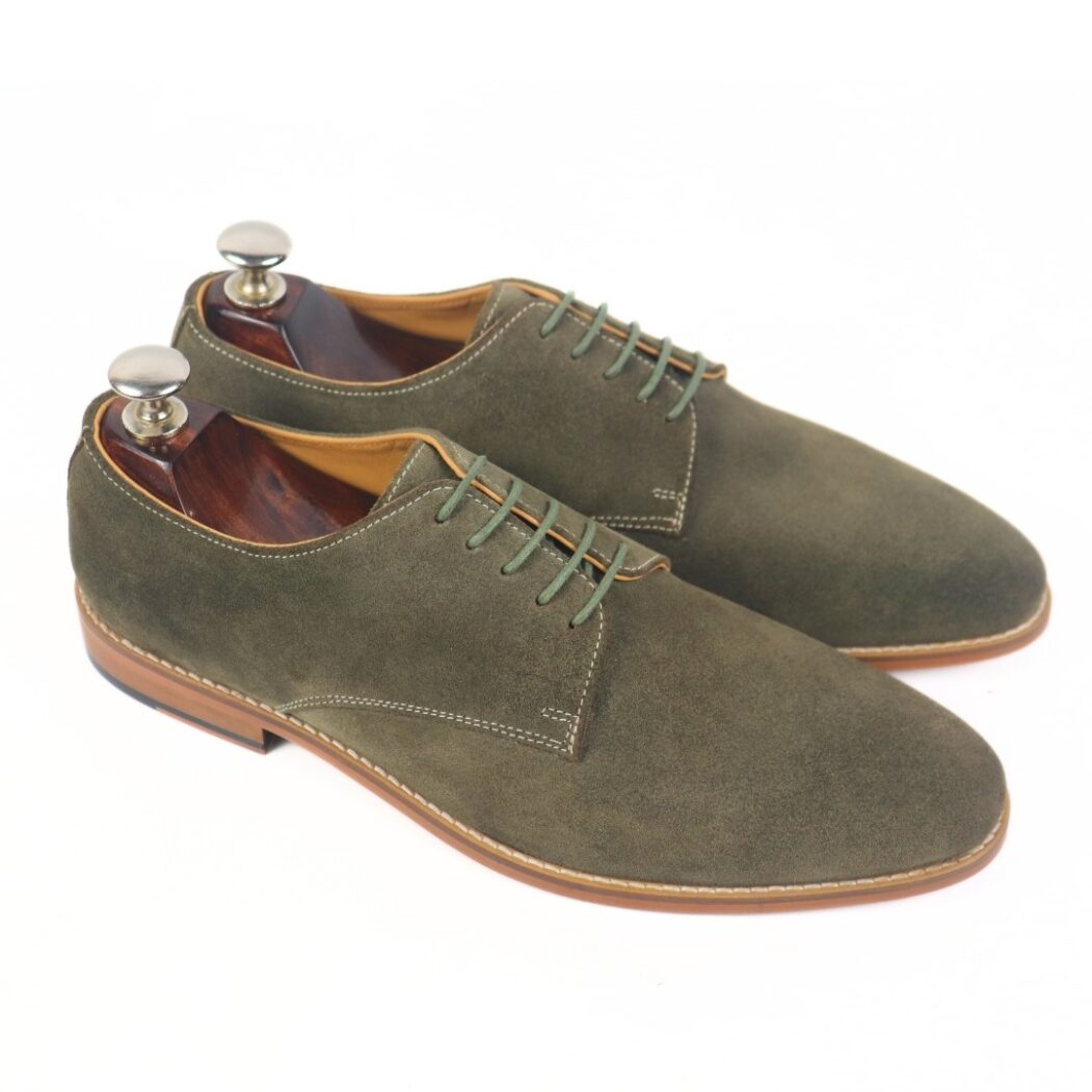 DANZIO Light Olive-Green Suede Leather Derby Shoes For Men