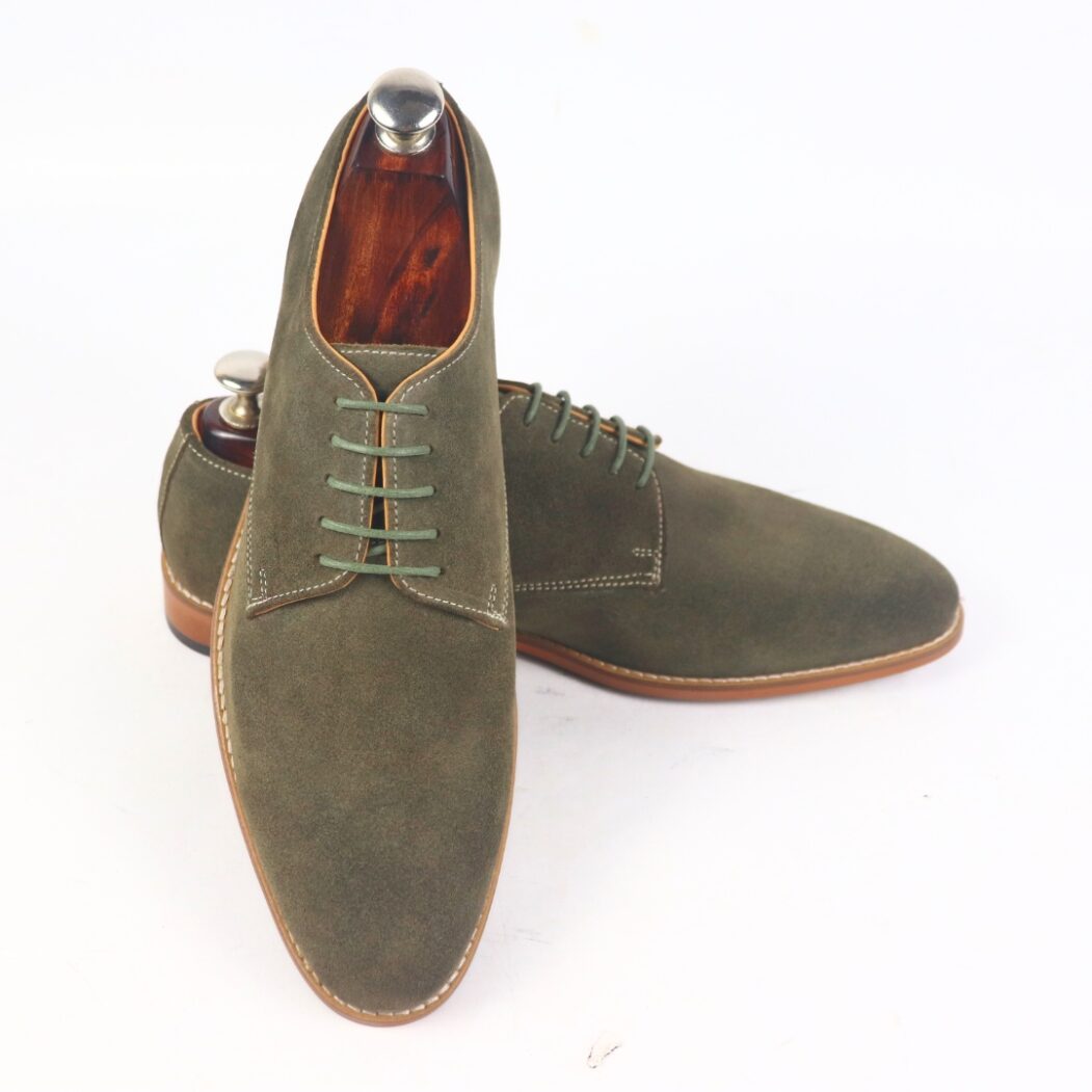 DANZIO Light Olive-Green Suede Leather Derby Shoes For Men