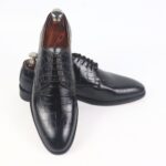 DANZIO Black Croco-Print Leather Derby Shoes For Men