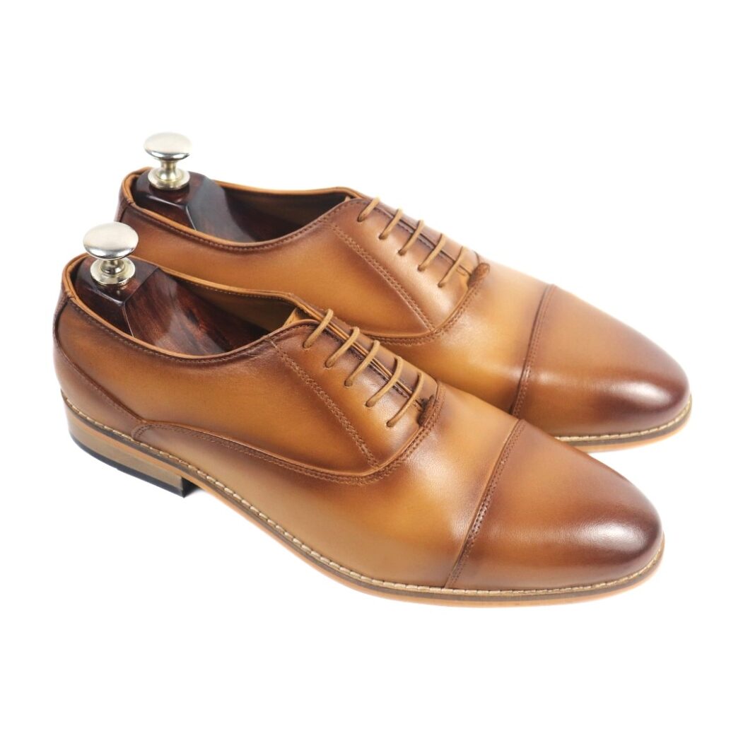 DANZIO Tan Crust Leather Oxford Shoes For Men