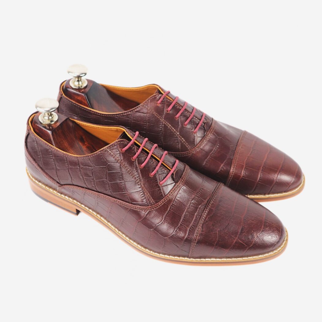 DANZIO Maroon Croco-Print Leather Oxford Shoes For Men