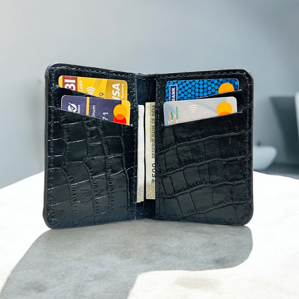 DANZIO Black Croco-Print Leather Bi-Fold Card Holder